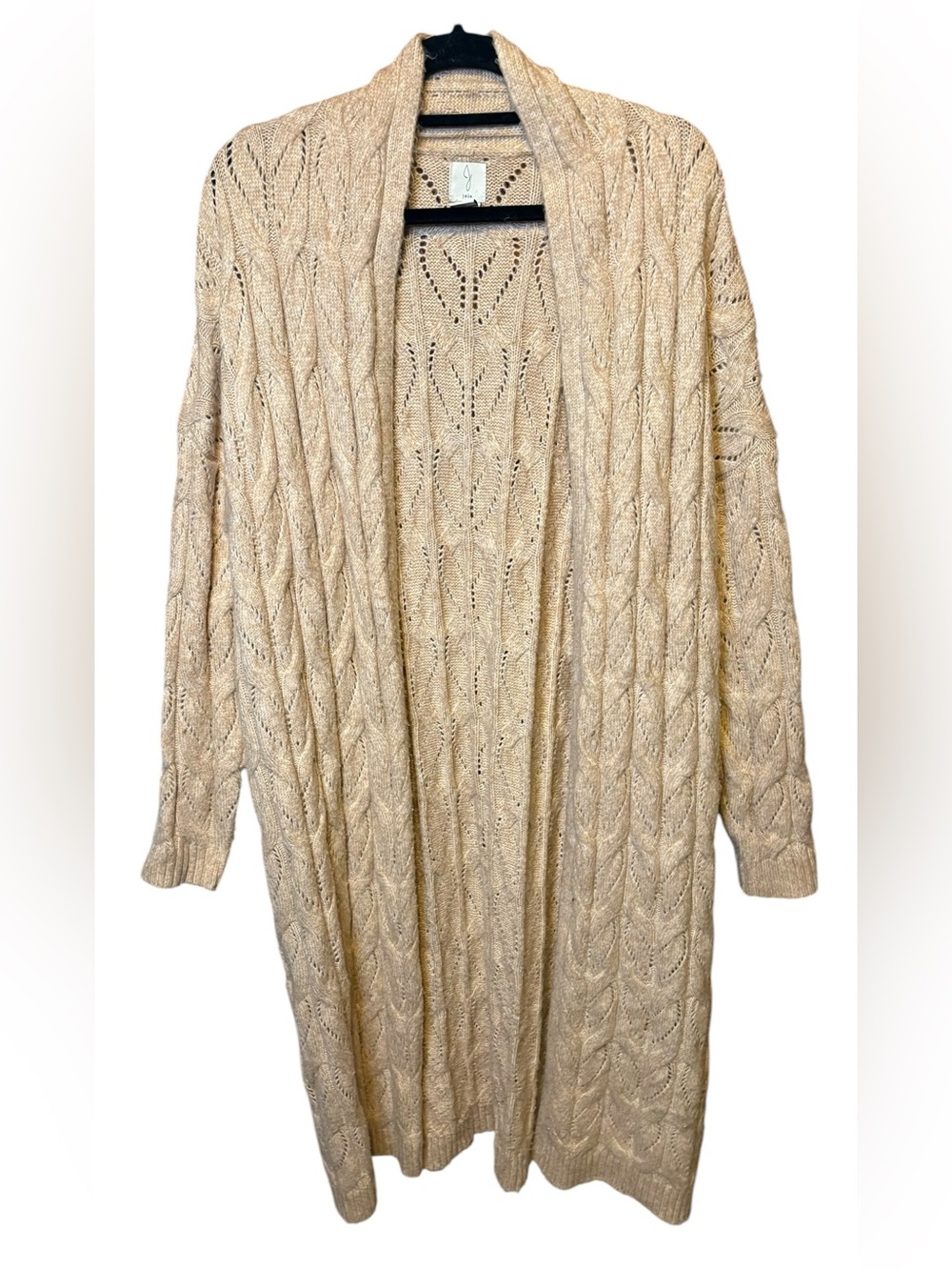 Joie Long Cable Knit Open Front Cardigan Sweater Beige Size XL